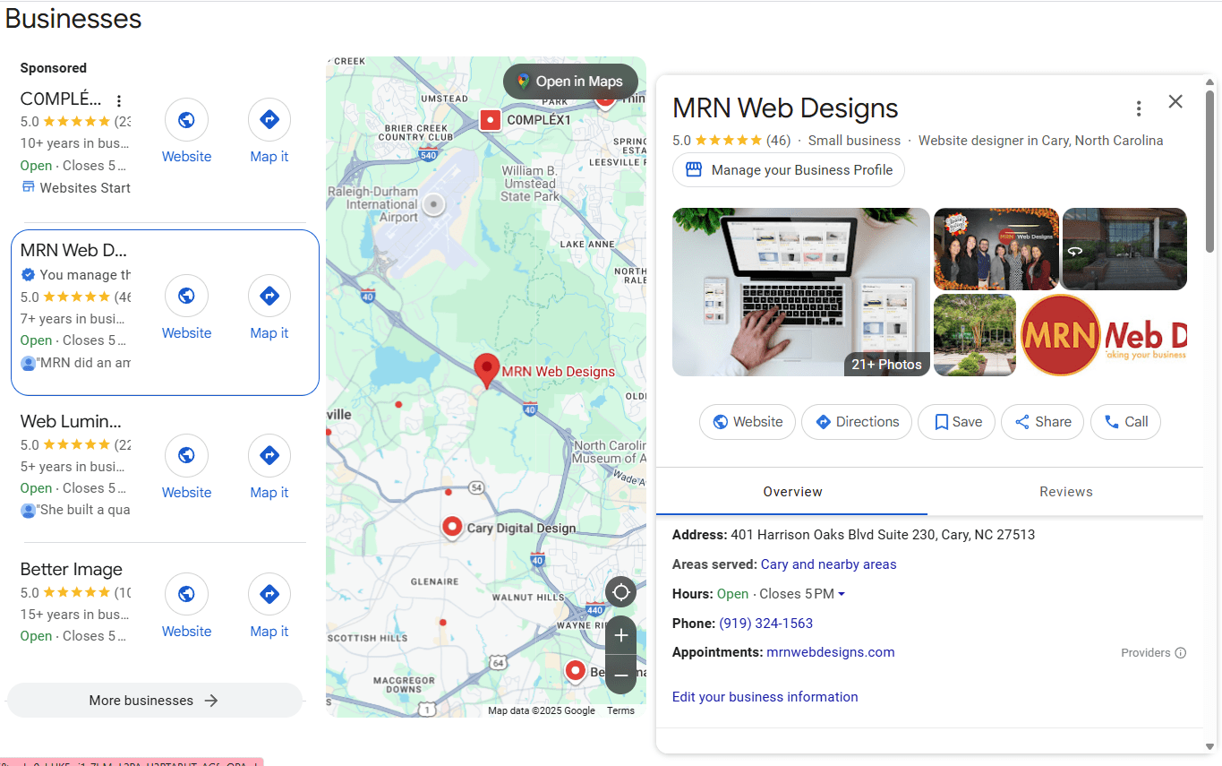 Screenshot of the Google Map Pack results for "Website designer in Cary" and MRN Web Designs is right below sponsored add